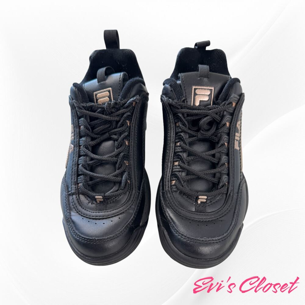 Fila Women's Disrupter Black Leather Sneakers, Laced Copper Logo Studs